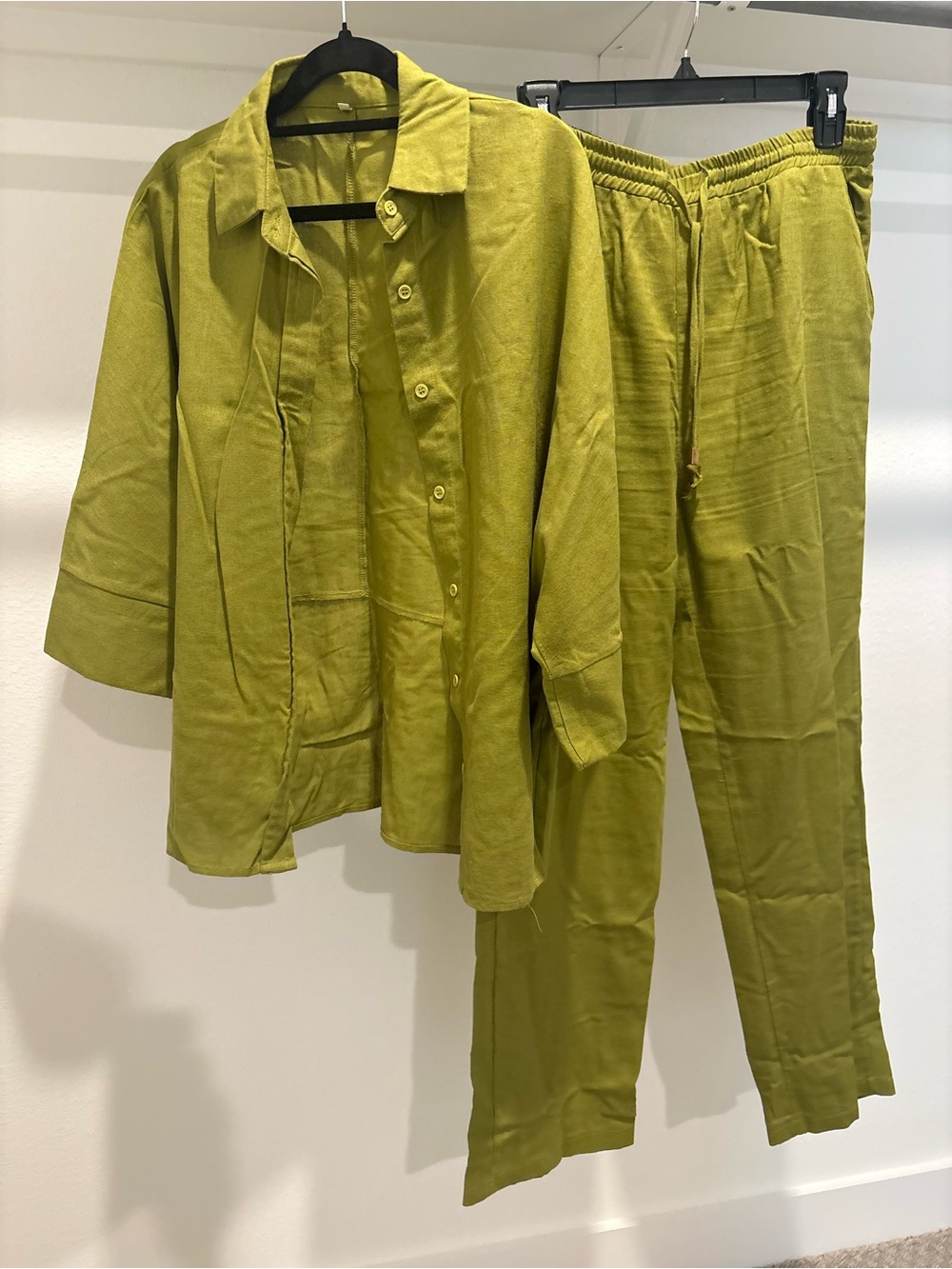 Lime Green Two-Piece Button Shirt & Elastic Waist Pants Set